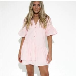 Lost in Lunar women's XL Pink V-Neck Puff Sleeve Mini Sundress aje ruffle